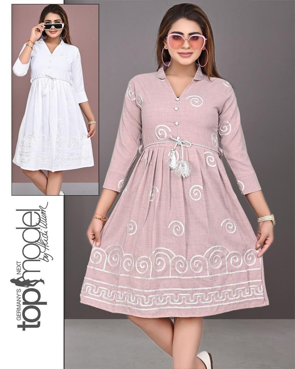 Women's Collared A-Line Embroidered Dress with Tassel Tie-Up Set of 6 piece